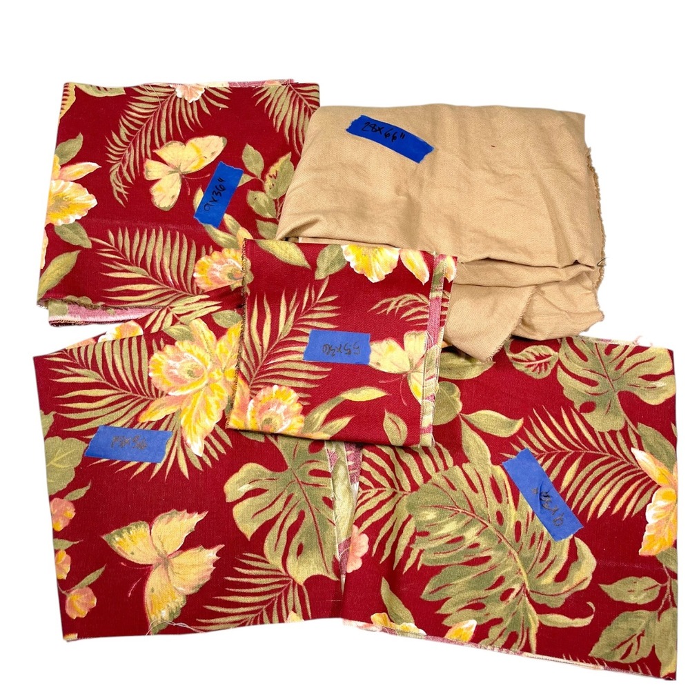 Mixed‎ Red Tropical Floral and Tan Canvas Fabric Remnants Lot of 5 Crafting DIY